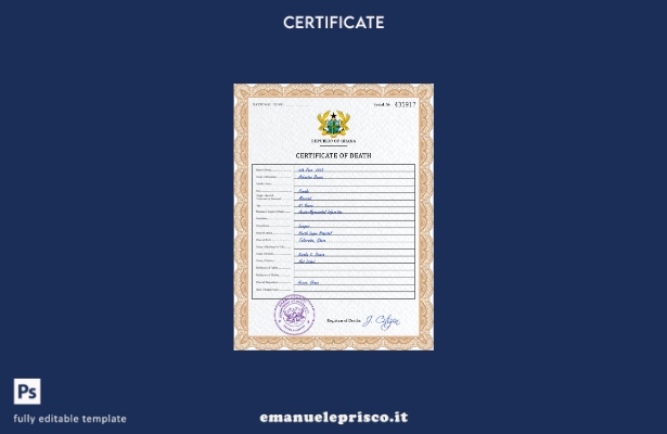 modello PSD del certificato di morte del documento di stato civile del Ghana in 